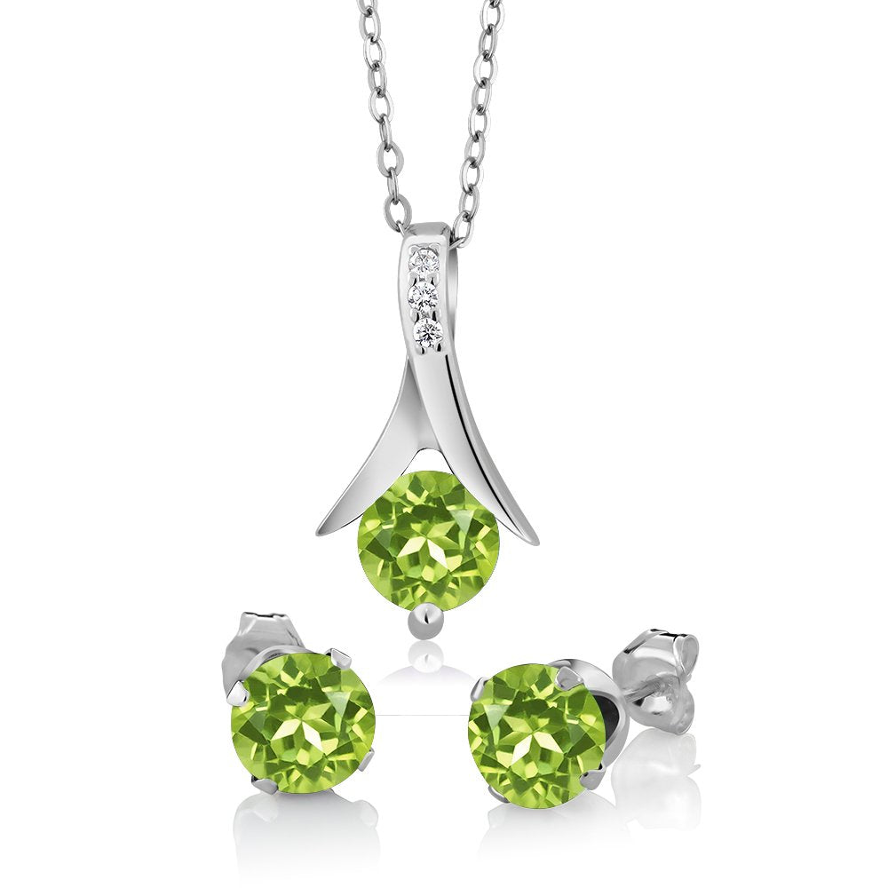 Gem Stone King 925 Sterling Silver Green Peridot Pendant and Earrings Set For Women (3.00 Cttw, Round Gemstone Birthstone, with 18 Inch Chain)