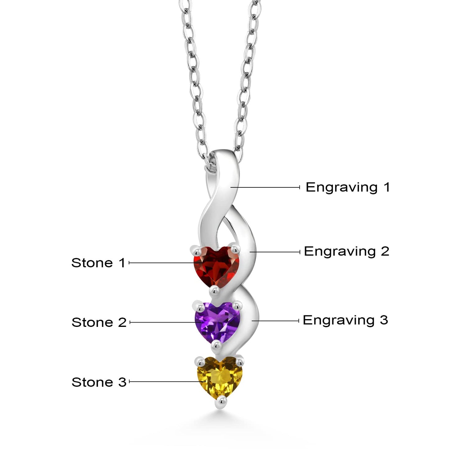 Gem Stone King 925 Sterling Silver 4MM Heart Gemstone Birthstone Three Stone Pendant Necklace For Women with 18 Inch Silver Chain