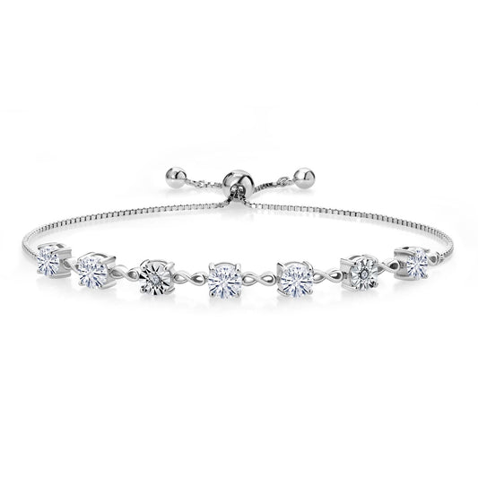 Gem Stone King 925 Sterling Silver White Moissanite and White Lab Grown Diamond Tennis Bracelet For Women (2.51 Cttw, Fully Adjustable Up to 9 Inch)