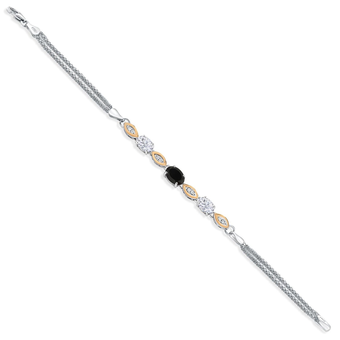 Gem Stone King 925 Silver and 10K Yellow Gold Black Onyx White Moissanite and White Lab Grown Diamond Bracelet For Women (1.76 Cttw, Gemstone Birthstone, Oval, Wheat Chain, 6.5/7/7.5 Inches)