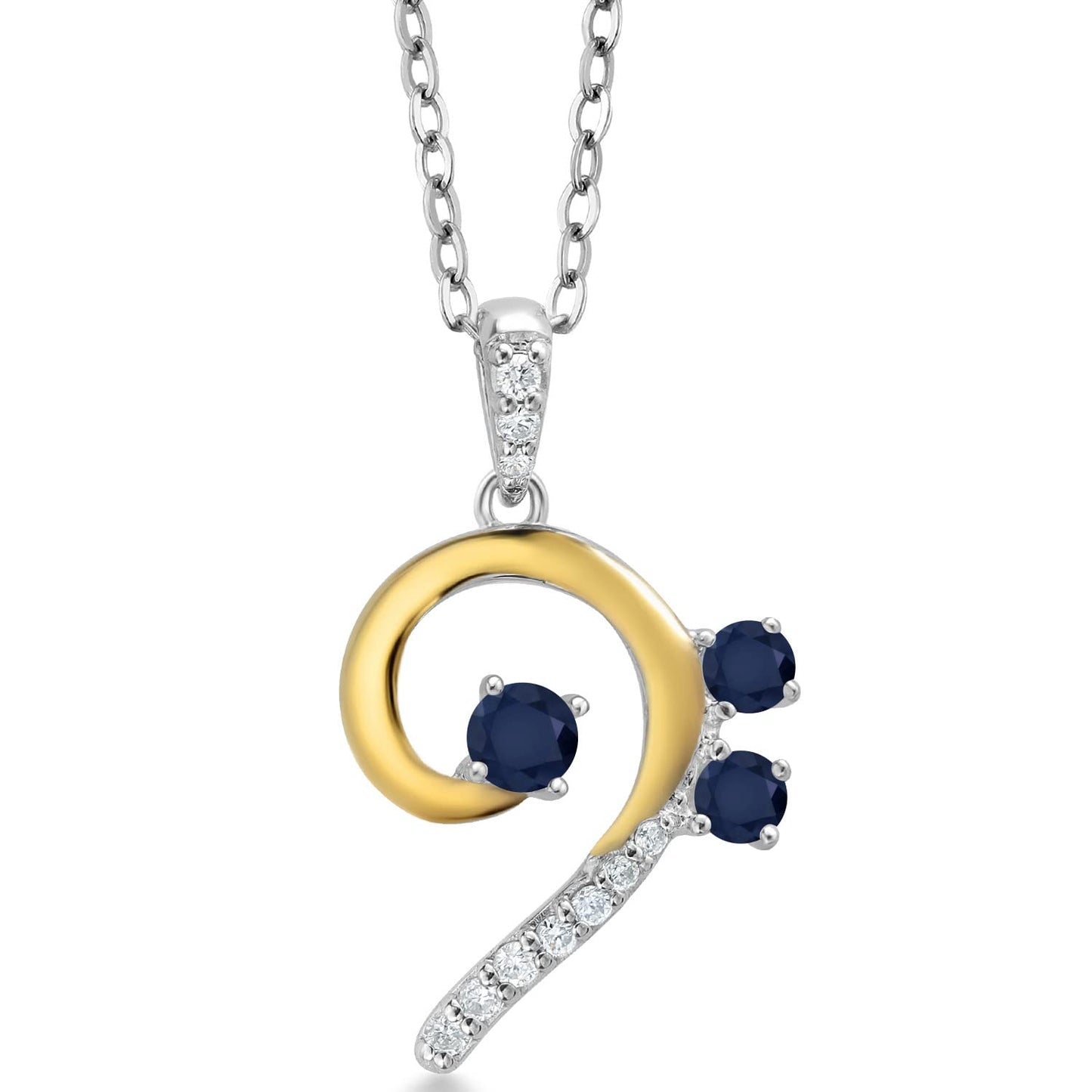 Gem Stone King 925 Sterling Silver and 10K Yellow Gold Blue Sapphire and White Lab Grown Diamond Bass Clef Music Note Pendant Necklace For Women By Keren Hanan (0.35 Cttw, with 18 Inch Chain)