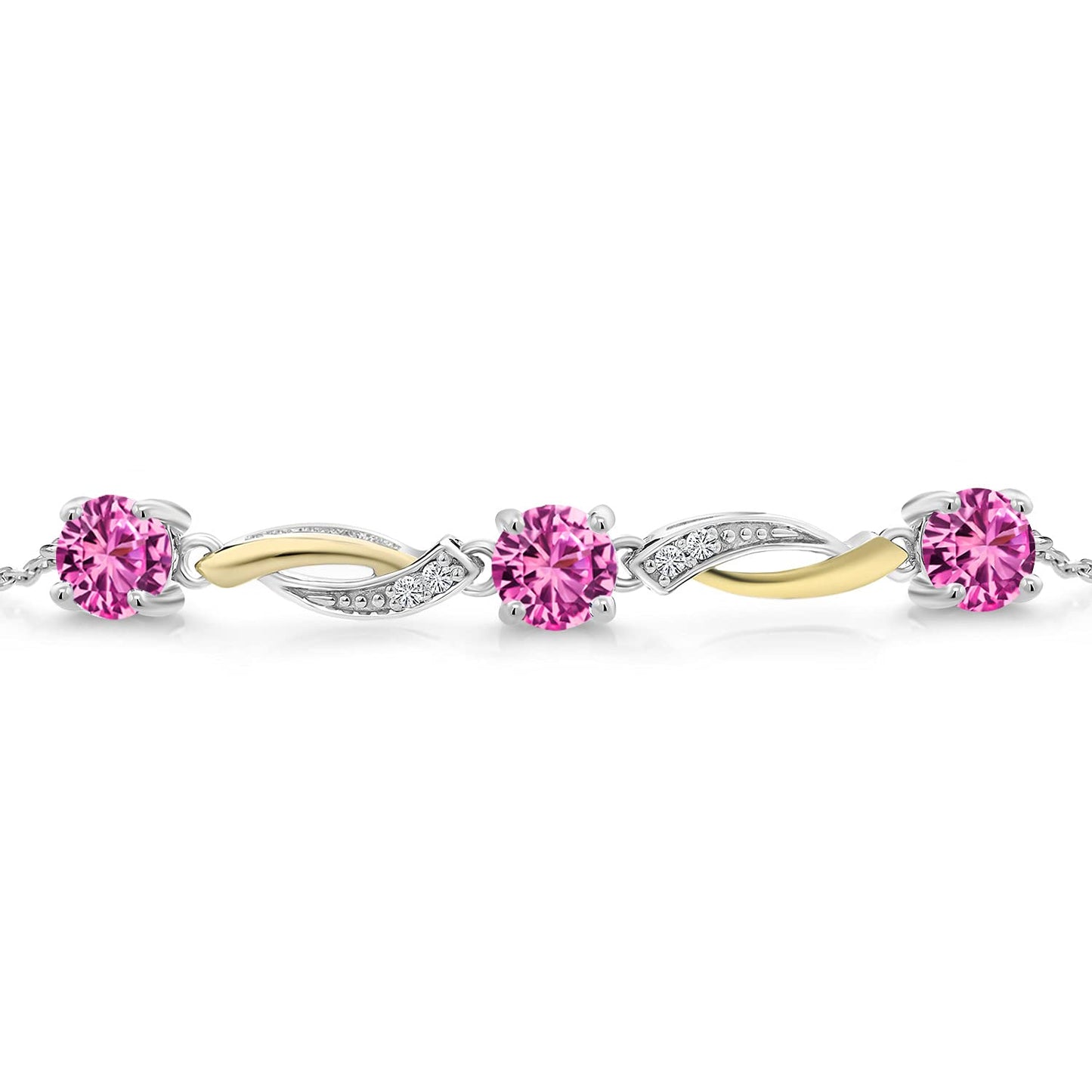 Gem Stone King 925 Sterling Silver and 10K Yellow Gold 5MM Round Pink Created Sapphire and 1.3MM White Moissanite Women Tennis Bracelet | 1.69 Cttw | Bollo Bracelet | Fully Adjustable Up to 9 Inch