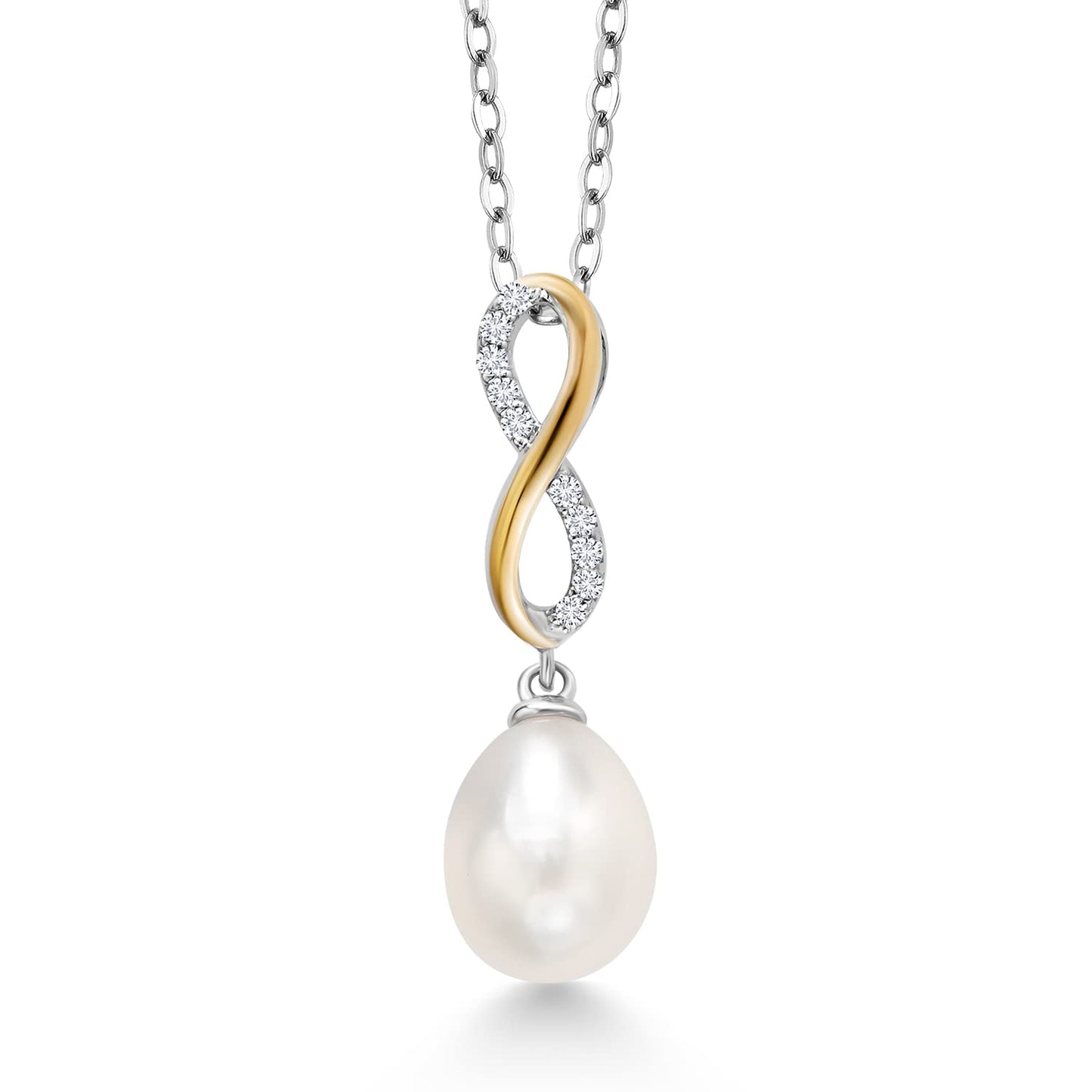 Gem Stone King 925 Sterling Silver and 10K Yellow Gold 10X8MM Cultured Freshwater Pearl and White Lab Grown Diamond Pendant Necklace For Women with 18 Inch Chain