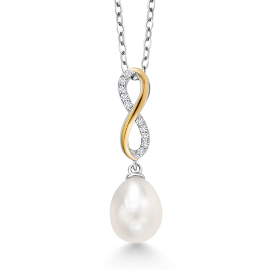 Gem Stone King 925 Sterling Silver and 10K Yellow Gold 10X8MM Cultured Freshwater Pearl and White Lab Grown Diamond Pendant Necklace For Women with 18 Inch Chain