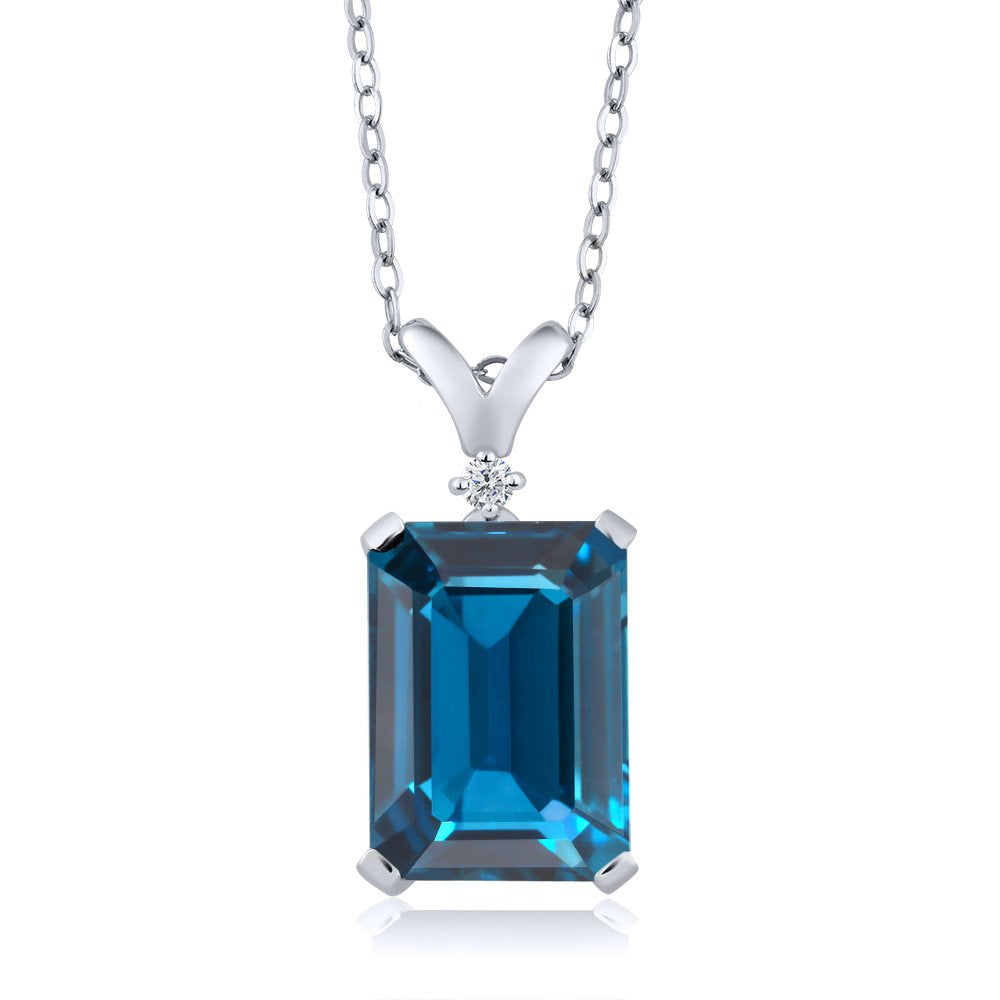 Gem Stone King 925 Sterling Silver London Blue Topaz and White Diamond Pendant Necklace For Women (9.52 Cttw, Gemstone Birthstone, Emerald Cut 14X10MM, with 18 Inch Silver Chain)