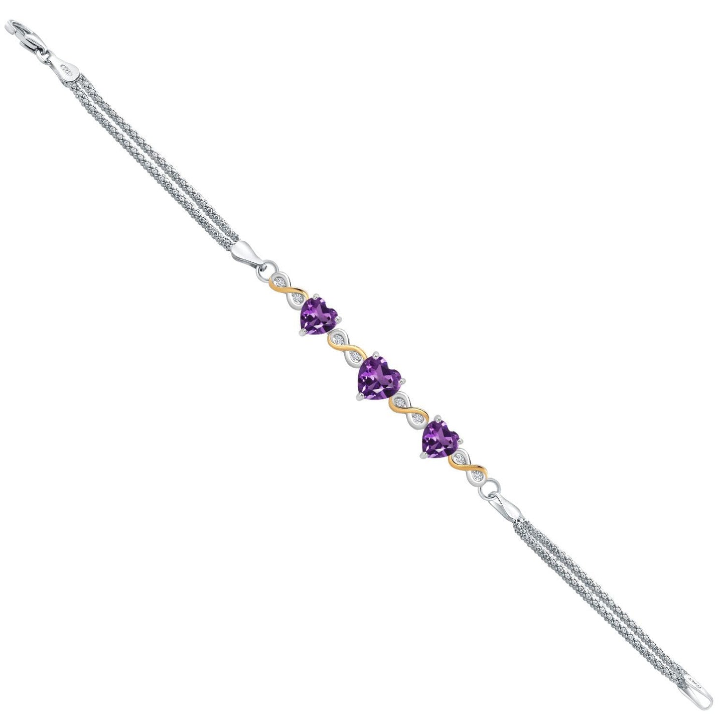 Gem Stone King 925 Sterling Silver and 10k Yellow Gold Purple Amethyst and White Lab Grown Diamond Bracelet For Women (2.58 Cttw, Heart 7MM and 6MM, 6.5/7/7.5 Inch, Made In Italy)