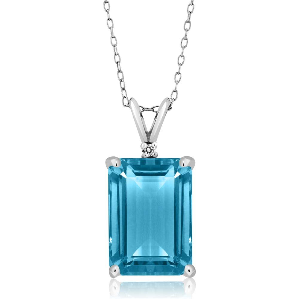 Gem Stone King 925 Silver Swiss Blue Topaz and White Topaz Pendant Necklace For Women (9.72 Cttw, Gemstone November Birthstone, Emerald Cut 14X10MM, with 18 Inch Silver Chain)