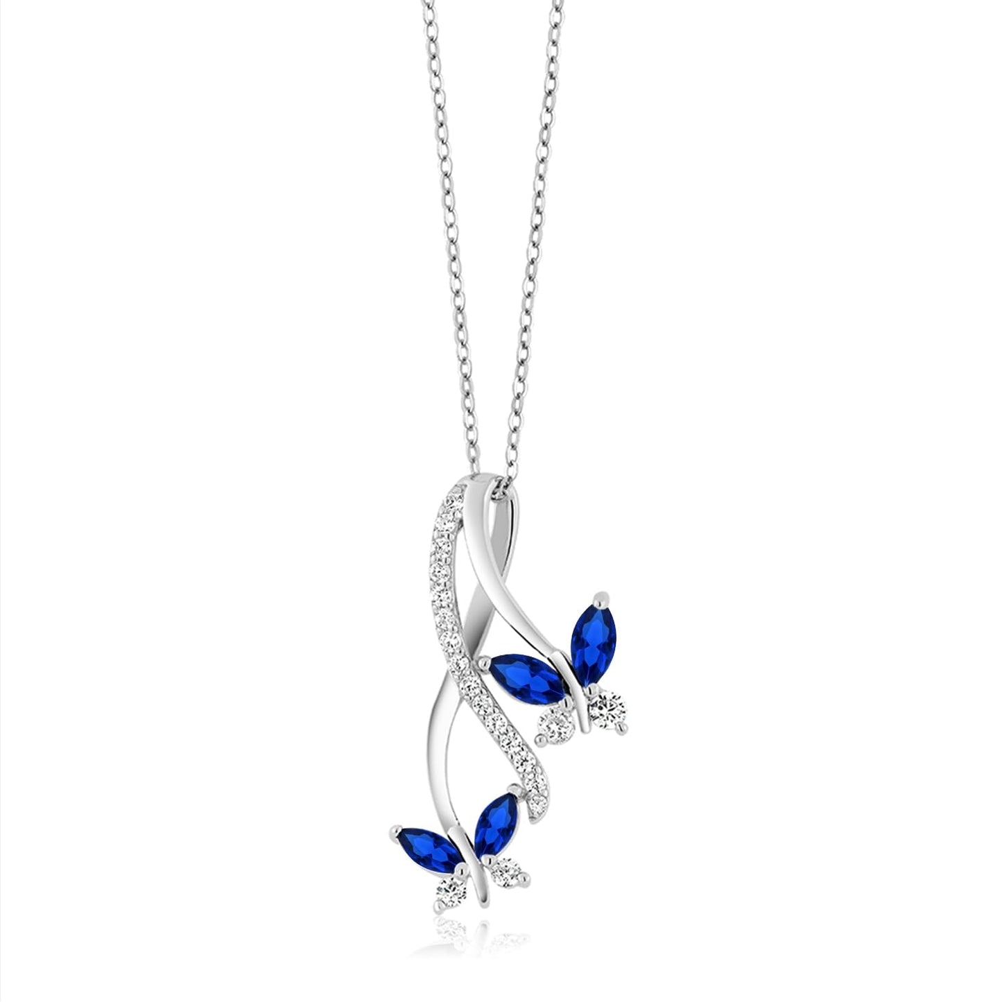 Gem Stone King 925 Sterling Silver Created Blue Sapphire Necklace | Butterfly Infinity Pendant Necklace for Women | 1.21 Ct Marquise | With 18 Inch Silver Chain