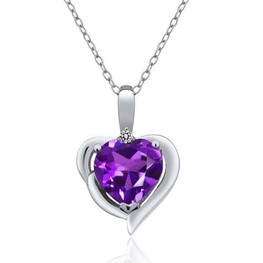 Gem Stone King 925 Sterling Silver Purple Amethyst and White Diamond Heart Shape Pendant Necklace For Women (1.42 Cttw, Heart 8MM, Gemstone February Birthstone, with 18 Inch Chain)