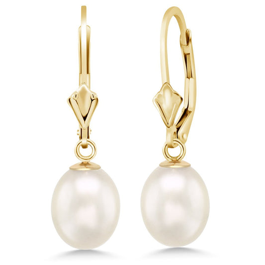 Gem Stone King 14K Yellow Gold 9MM Cultured Freshwater Pearl Dangle Earrings For Women