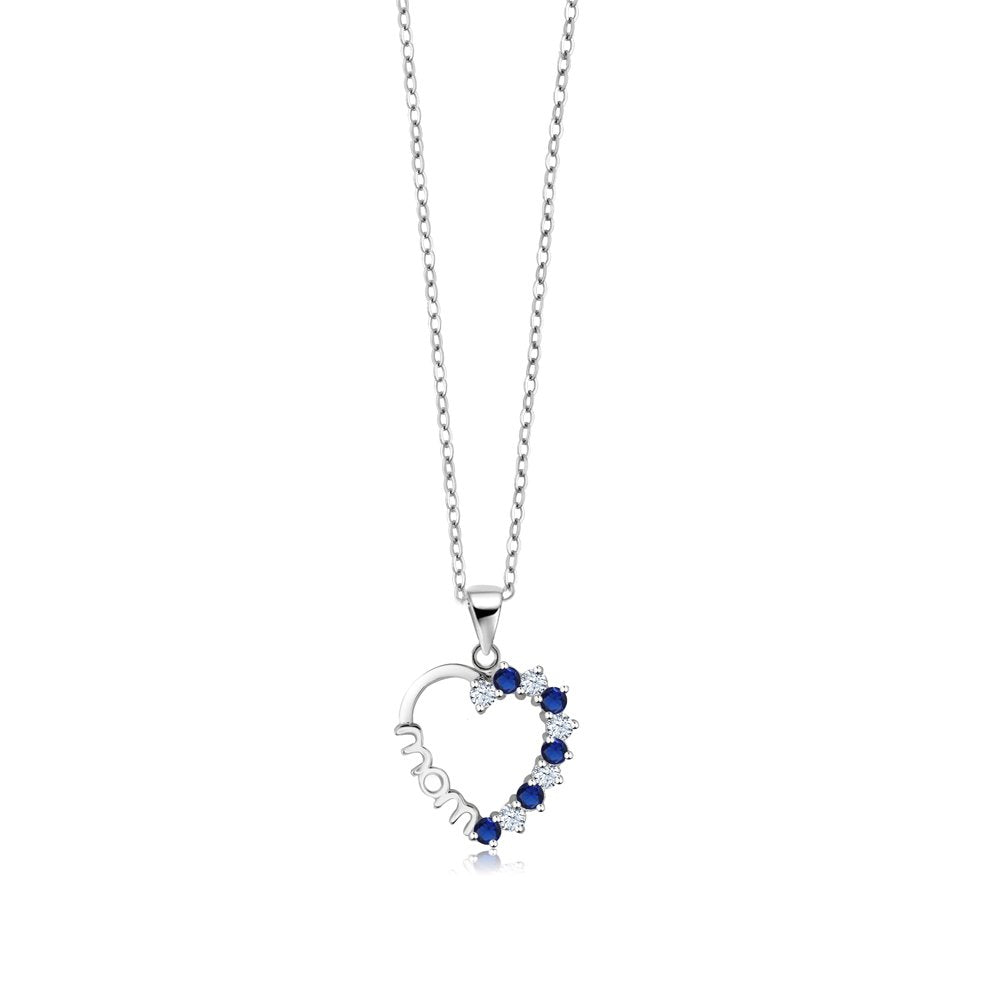 Gem Stone King 925 Sterling Silver Created White and Blue Sapphire Heart MOM Pendant Necklace For Women with 18 Inch Silver Chain