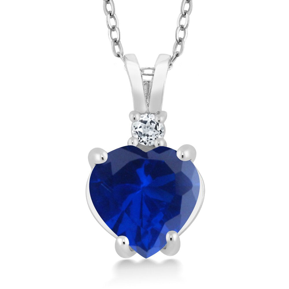 Gem Stone King 14K White Gold Blue Created Sapphire and White Topaz Heart Shape Pendant Necklace For Women (2.38 Cttw, with 18 Inch Chain)