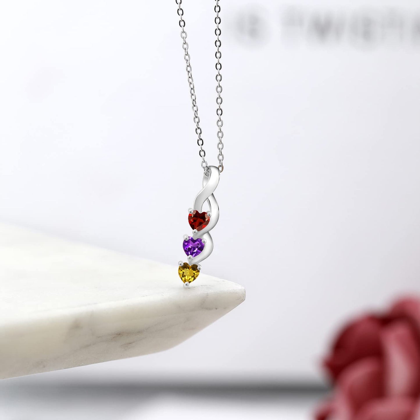 Gem Stone King 925 Sterling Silver 4MM Heart Gemstone Birthstone Three Stone Pendant Necklace For Women with 18 Inch Silver Chain