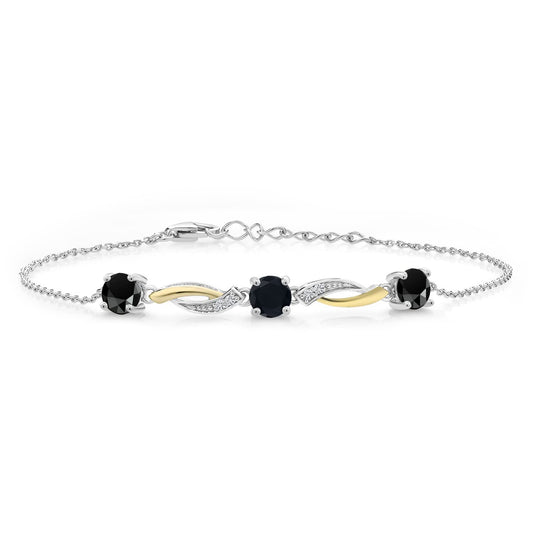 Gem Stone King 2-Tone 925 Sterling Silver and 10K Yellow Gold Black Onyx and White Lab Grown Diamond Tennis Bracelet For Women (1.47 Cttw, Gemstone Birthstone, 7 Inch with 1 Inch Extender)