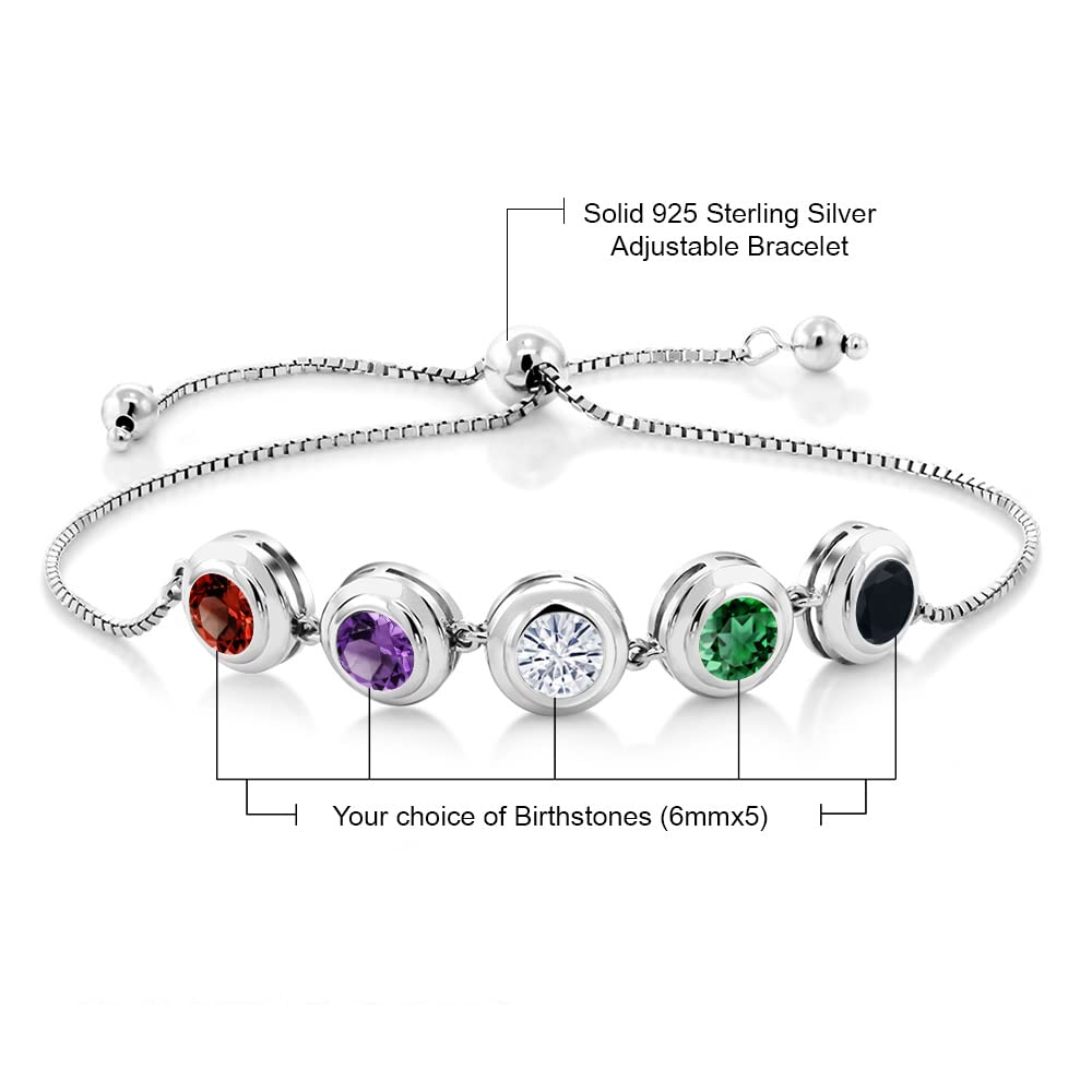 Gem Stone King 925 Sterling Silver Customized and Personalized 5-Stone Round Bezel Gemstone Birthstone Tennis Bracelet For Women Fully Adjustable Up to 9 Inch