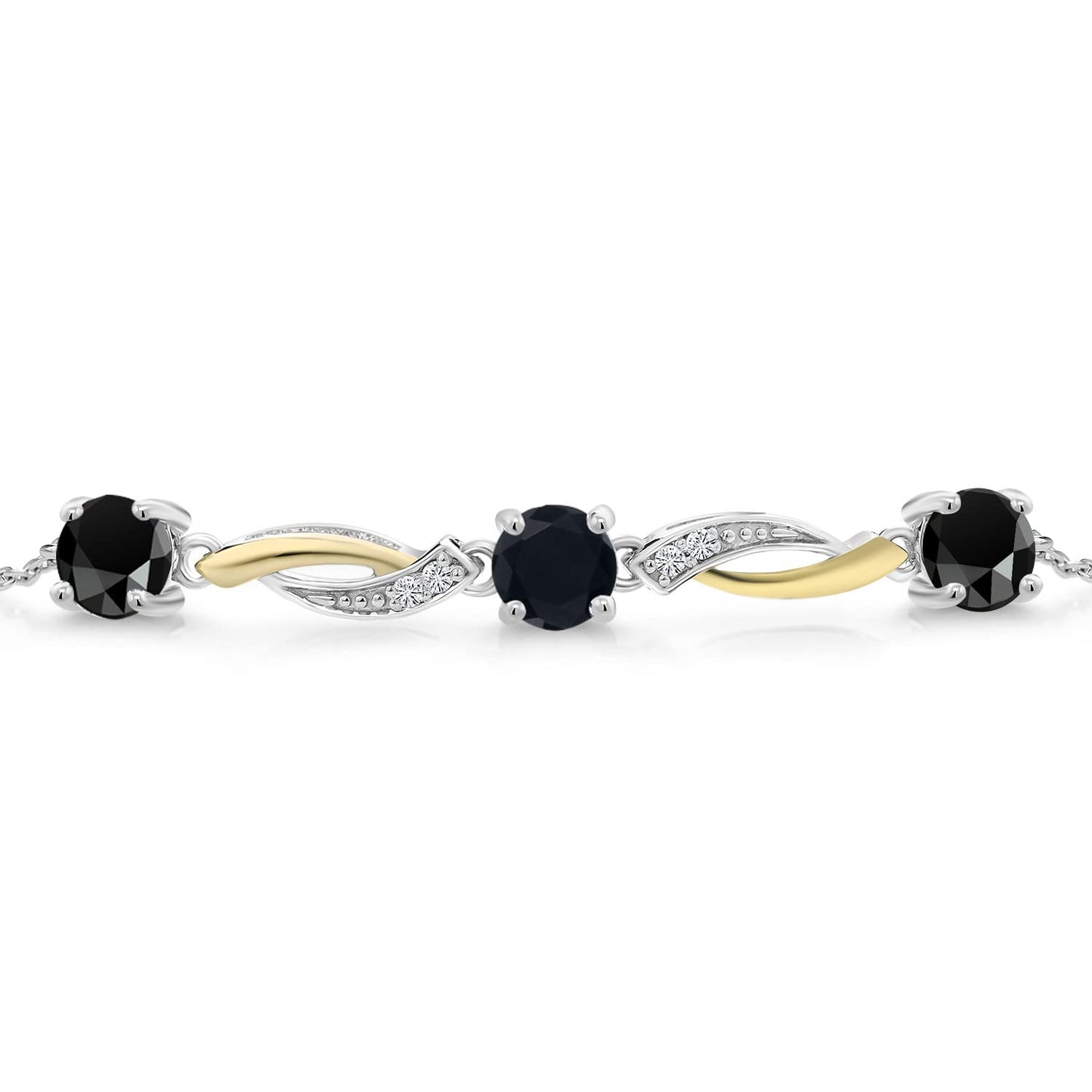 Gem Stone King 2-Tone 925 Sterling Silver and 10K Yellow Gold Black Onyx and White Lab Grown Diamond Tennis Bracelet For Women (1.47 Cttw, Gemstone Birthstone, 7 Inch with 1 Inch Extender)