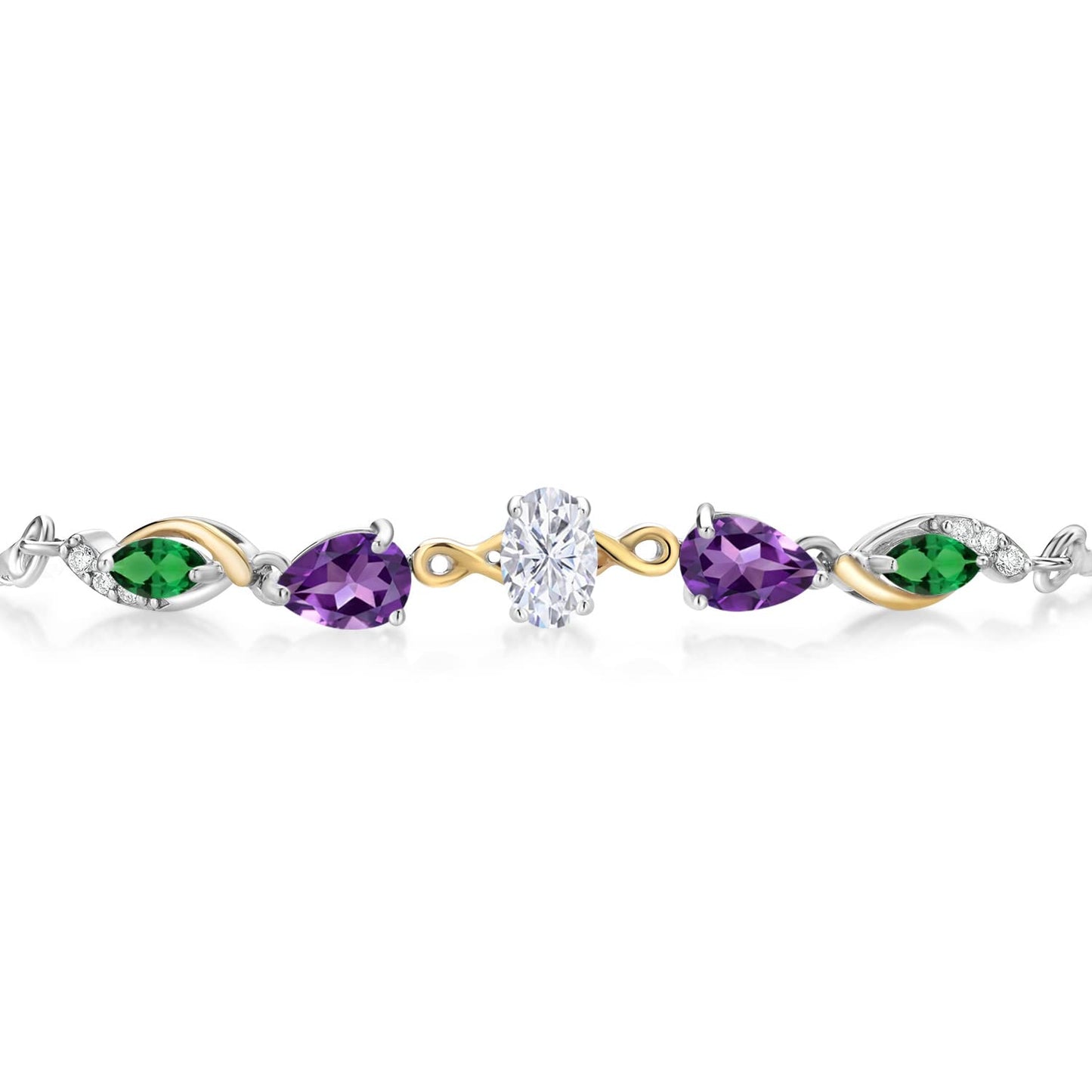 Gem Stone King 925 Silver and 10K Yellow Gold White Moissanite Amethyst Nano Emerald and Lab Grown Diamond Tennis Bracelet for Women By Keren Hanan (1.66 cttw, Adjustable Up To 9 Inch)