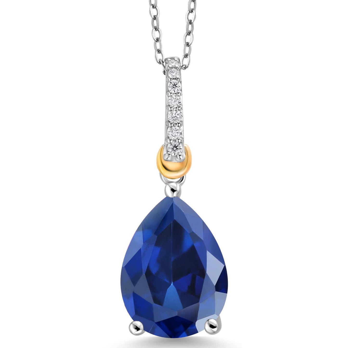 Gem Stone King 925 Sterling Silver and 10K Yellow Gold Pear Shape Blue Simulated Sapphire and White Moissanite Pendant Necklace For Women (10.26 Cttw with 18 Inch Chain)