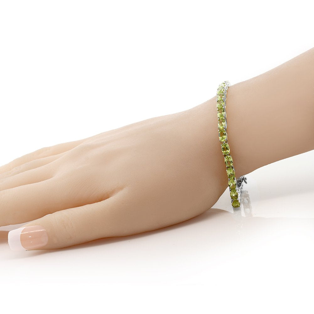 Gem Stone King Green Peridot Tennis Bracelet For Women | 925 Sterling Silver | 12.00 Cttw | Gemstone Birthstone | Oval 6X4MM | Length - 7 Inch | Fine Jewelry Gifts for Her Mom Women Wife