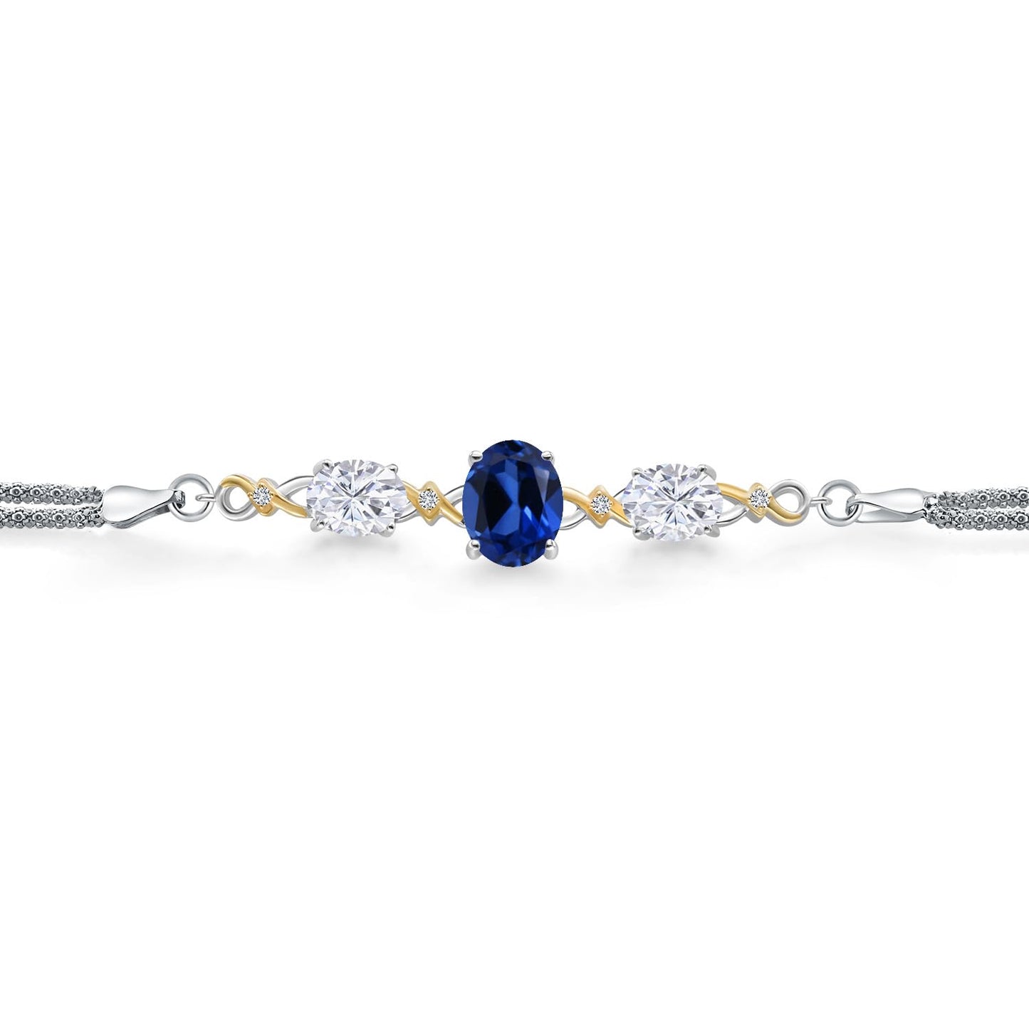 925 Silver and 10K Yellow Gold Blue Created Sapphire and White Moissanite and White Lab Grown Diamond Bracelet For Women (6.36 Cttw, Oval 10X8MM and 8X6MM, 6.5/7/7.5 Inch, Made in Italy)