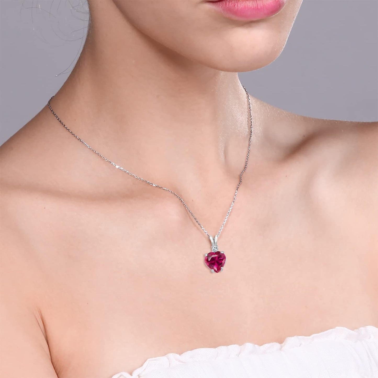 Gem Stone King 14K White Gold 8MM Red Created Ruby and 2.5MM White Topaz Heart Pendant Necklace | 2.27 Cttw | Gold Necklace For Women | With 18 Inch Chain