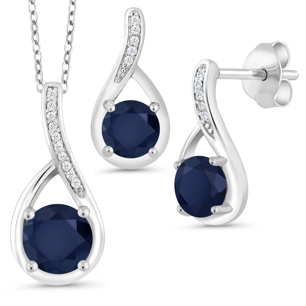 Gem Stone King 925 Sterling Silver Round Blue Sapphire and White Diamonds Pendant and Earrings Jewelry Set For Women (2.34 Cttw, Gemstone Birthstone, with 18 Inch Silver Chain)