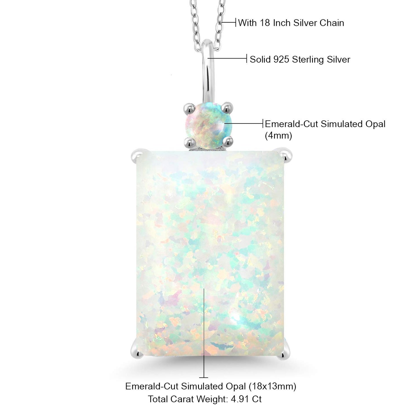 Gem Stone King 925 Sterling Silver White Opal Pendant Necklace For Women (4.91 Cttw, Emerald Cut Cabochon 18X13MM, With 18 Inch Silver Chain)