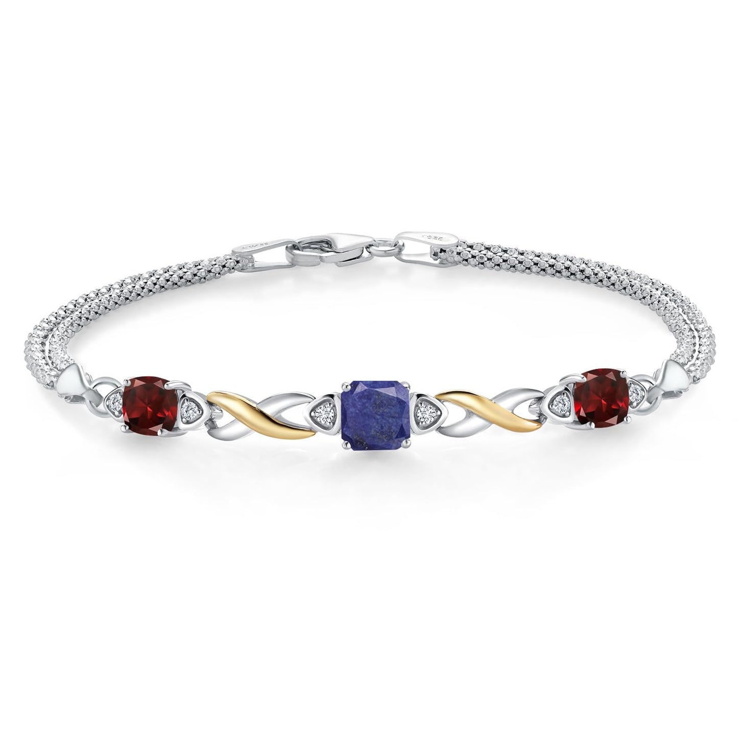 Gem Stone King 925 Silver and 10K Yellow Gold Blue Lapis and Red Garnet and White Lab Grown Diamond Bracelet For Women (2.69 Cttw, Gemstone, Cushion 6MM, 7.5 Inches, Made in Italy)