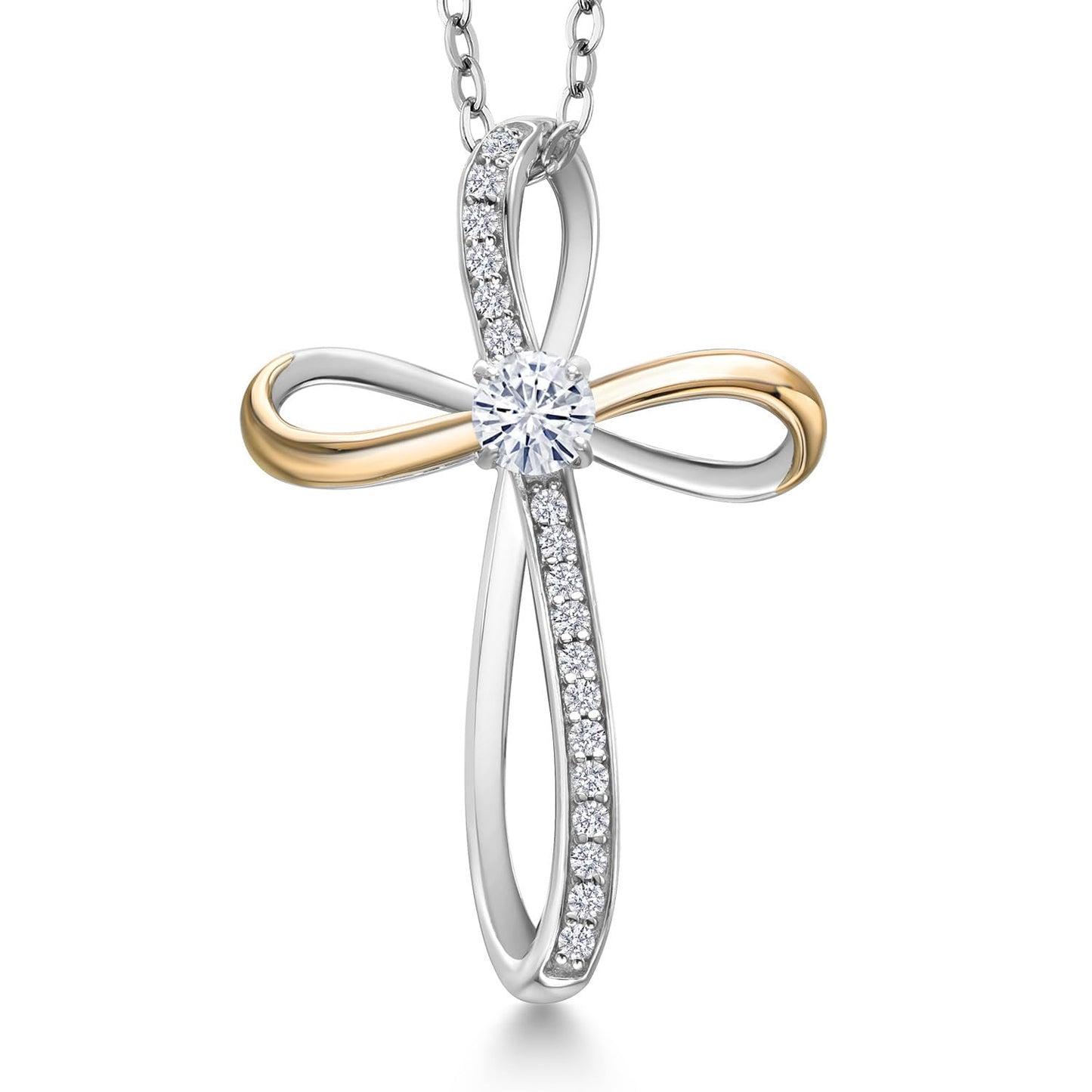 Gem Stone King Infinity Cross Necklace For Women | 925 Sterling Silver & 10K Yellow Gold | 4MM Round Gemstone Birthstone & Lab Grown Diamond Cross Faith Pendant Necklace | With 18 Inch Chain