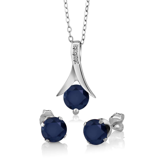 Gem Stone King 925 Sterling Silver Blue Sapphire and White Diamond Pendant and Earrings Jewelry Set For Women (3.05 Cttw, with 18 Inch Silver Chain)