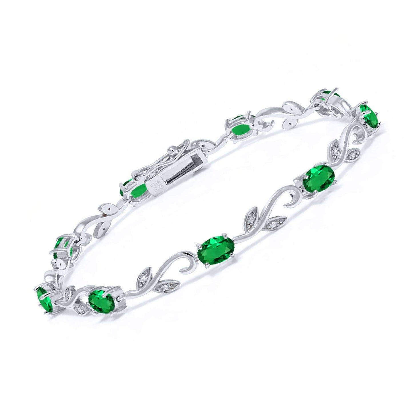 Gem Stone King 925 Sterling Silver Oval Green Simulated Emerald and Diamond Greek Vine Tennis Bracelet For Women (3.73 Cttw, 7 Inch)