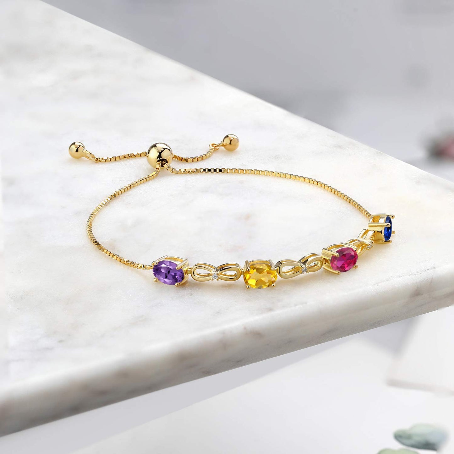 Gem Stone King 18K Yellow Gold Plated Silver Customized and Personalized 4-Stone Gemstone Birthstone and Lab Grown Diamond Tennis Bracelet for Women | Bollo Bracelet | Fully Adjustable Up to 9 Inch