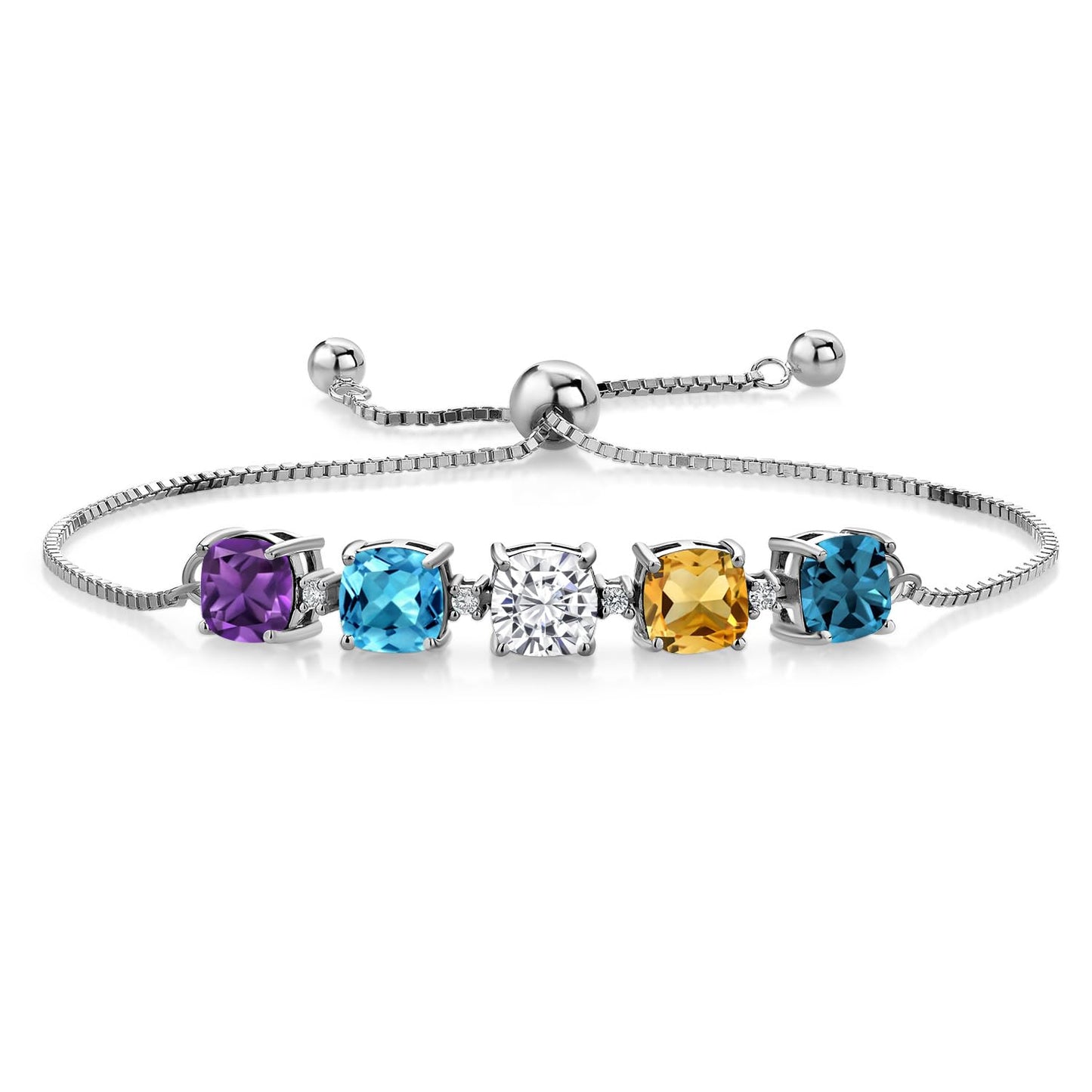 Gem Stone King 925 Sterling Silver 6MM Cushion Gemstone Birthstone and Lab Grown Diamond Tennis Bracelet For Women | Bollo Bracelet | Fully Adjustable Up to 9 Inch | Easy-On Easy-Off