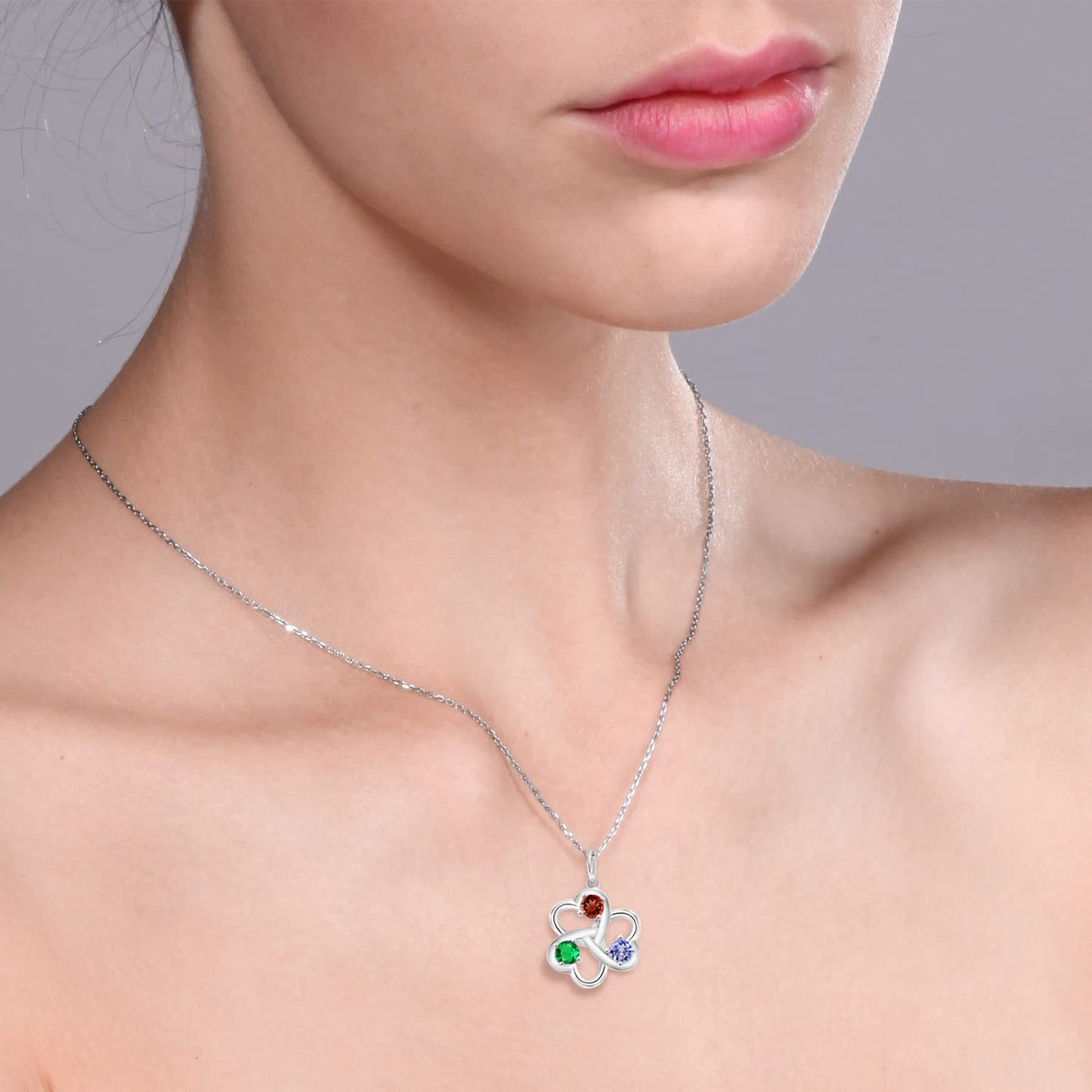 Gem Stone King 4MM Round Gemstone Birthstone 3 Hearts Interlock Pendant Necklace For Women | 925 Sterling Silver | Fine Jewelry Gifts for Her Mom Women Wife | With 18 Inch Silver Chain