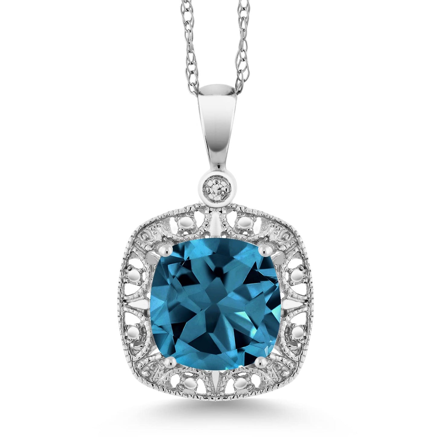 Gem Stone King 10K White Gold London Blue Topaz and White Diamond Accent Pendant Necklace For Women (2.74 Cttw, Gemstone Birthstone, 8MM Cushion Cut Center)