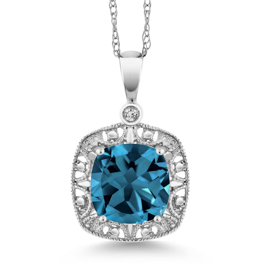 Gem Stone King 10K White Gold London Blue Topaz and White Diamond Accent Pendant Necklace For Women (2.74 Cttw, Gemstone Birthstone, 8MM Cushion Cut Center)