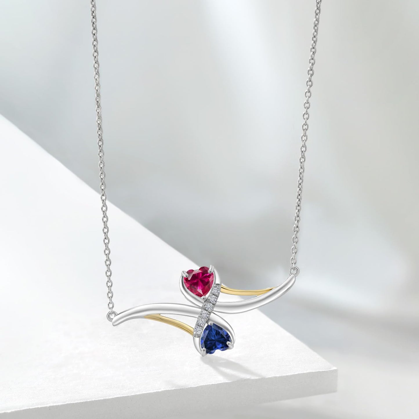 Gem Stone King 925 Silver and 10K Yellow Gold Red Created Ruby and Blue Created Sapphire with White Lab Grown Diamond Pendant Necklace For Women (1.16 Cttw, with 18 Inch Chain)