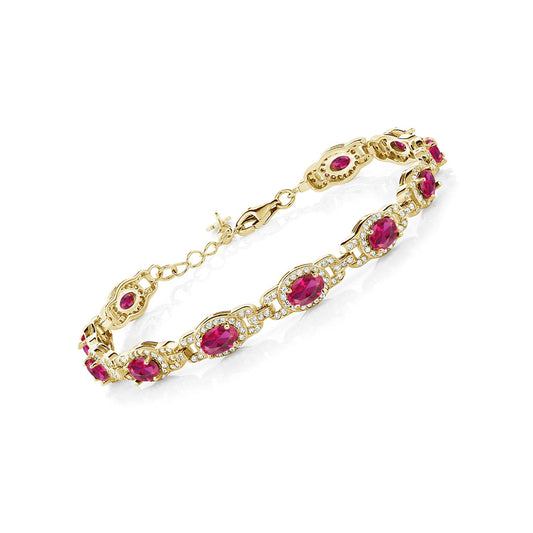 Gem Stone King 18K Yellow Gold Plated Silver Oval Red Created Ruby Tennis Bracelet For Women (14.60 Cttw, 7 inch with 1 inch Extender)