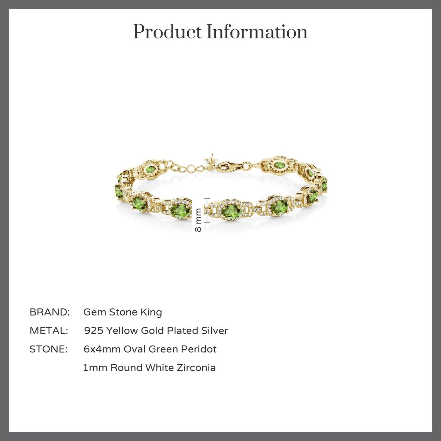 Gem Stone King 18K Yellow Gold Plated Silver Green Peridot Tennis Bracelet For Women (9.10 Cttw, Gemstone Birthstone, Oval 6X4MM, 7 Inch With 1 Inch Extender)