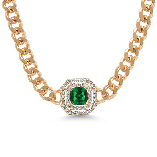 Gem Stone King 14K Gold Plated Green Nano Emerald and Moissanite Cuban Curb Link Chain Pendant Necklace For Women (1.24 cttw, Cushion 6MM, 16 Inch Chain + 2 Inch Extender)