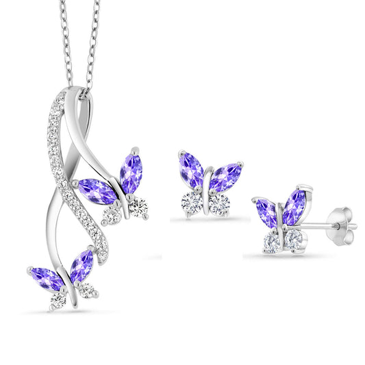 Gem Stone King 925 Sterling Silver Marquise Cut Blue Tanzanite Pendant and Earrings Jewelry Set For Women (2.13 Cttw, Gemstone Birthstone, with 18 Inches Silver Chain