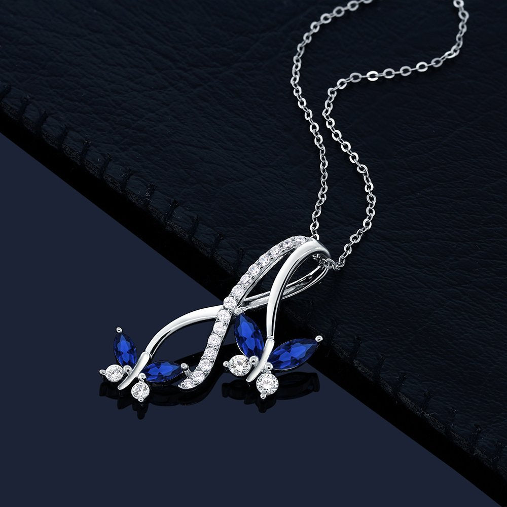 Gem Stone King 925 Sterling Silver Created Blue Sapphire Necklace | Butterfly Infinity Pendant Necklace for Women | 1.21 Ct Marquise | With 18 Inch Silver Chain