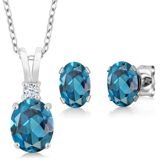 Gem Stone King 925 Sterling Silver London Blue Topaz Pendant and Earrings Jewelry Set For Women | 3.15 Cttw | Gemstone Birthstone | With 18 Inch Silver Chain