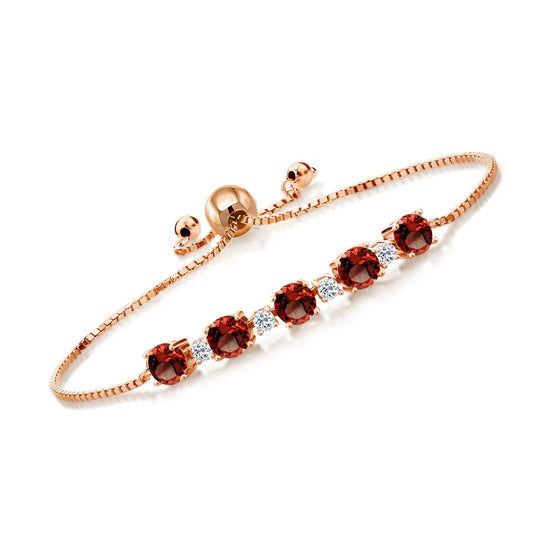 Gem Stone King 18K Rose Gold Plated Silver Red Garnet and White Topaz Tennis Bracelet For Women (5.34 Cttw, Gemstone Birthstone, Fully Adjustable Up to 9 Inch)