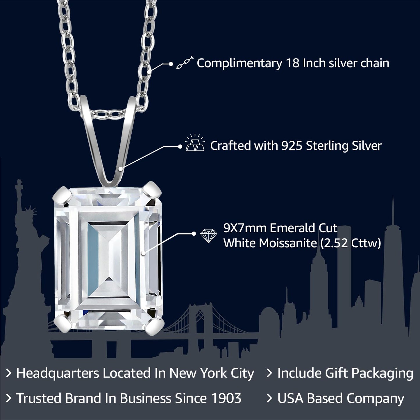 Gem Stone King Emerald Cut 9X7MM Gemstone Birthstone Pendant Necklace For Women | 925 Sterling Silver | Fine Jewelry Gifts for Her Mom Women Wife | With 18 Inch Silver Chain