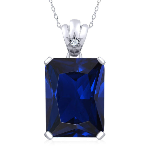 Gem Stone King 17.53 Cttw Blue Created Sapphire and White Topaz Pendant Necklace For Women | 925 Sterling Silver | Emerald Cut 18X13MM | With 18 Inch Silver Chain