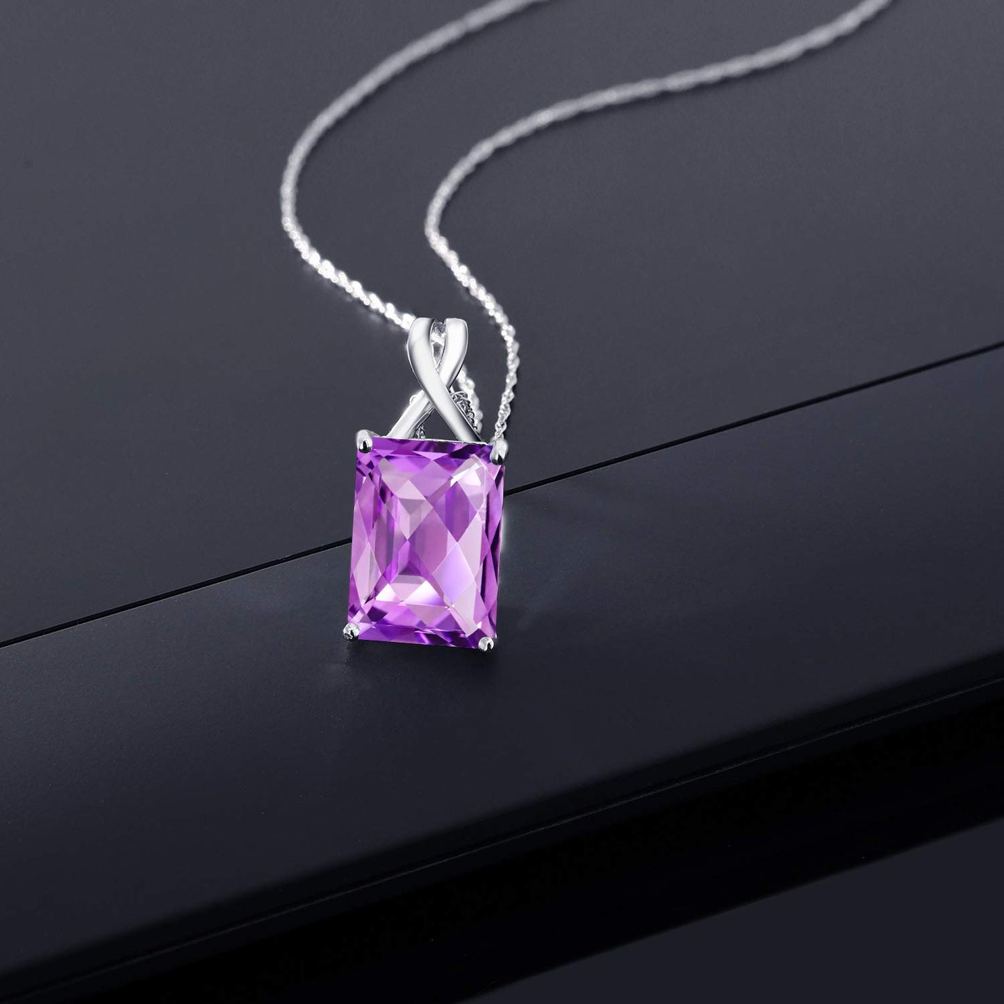 Gem Stone King 10K White Gold 14X10MM Emerald Cut Gemstone Birthstone Pendant Necklace | Gold Necklace For Women | With 18 Inch 10K White Gold Chain