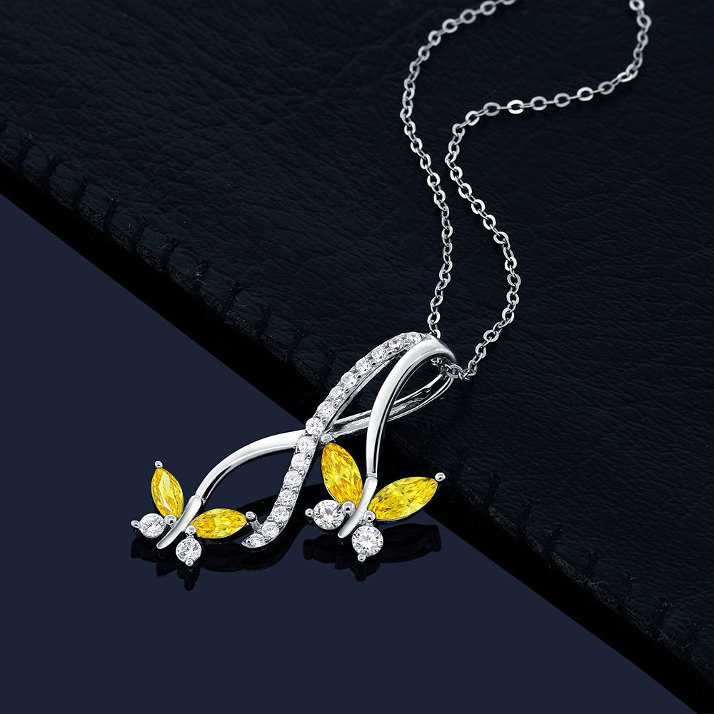 Gem Stone King Butterfly Infinity Pendant Necklace For Women In 925 Sterling Silver | 1.18 Cttw | Yellow Marquise and White Round Cut Zirconia | With 18 Inch Chain