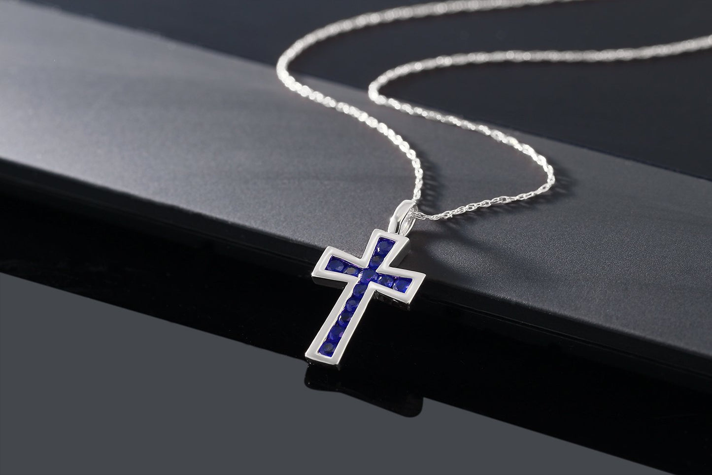 Gem Stone King 10K Solid White Gold Blue Sapphire or Red Ruby Cross Pendant Necklace (1/2 Cttw, Gemstone Birthstone, Length 0.5 Inch, With 18 Inch 10K Gold Chain)