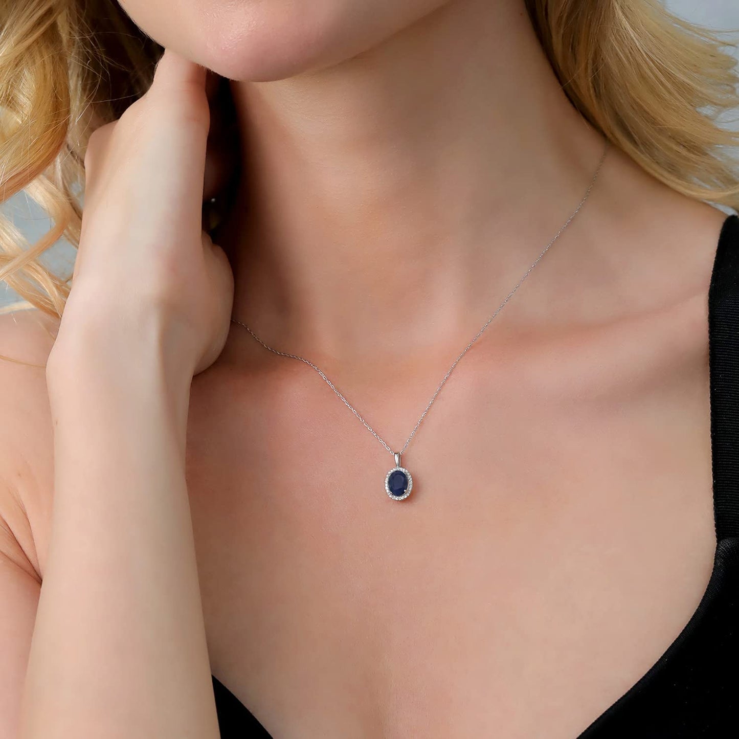 Gem Stone King 10K White Gold 8X6MM Oval Gemstone Birthstone and Diamond Necklace | Halo Pendant Necklace for Women | White Gold Necklace | With 18 Inch Chain